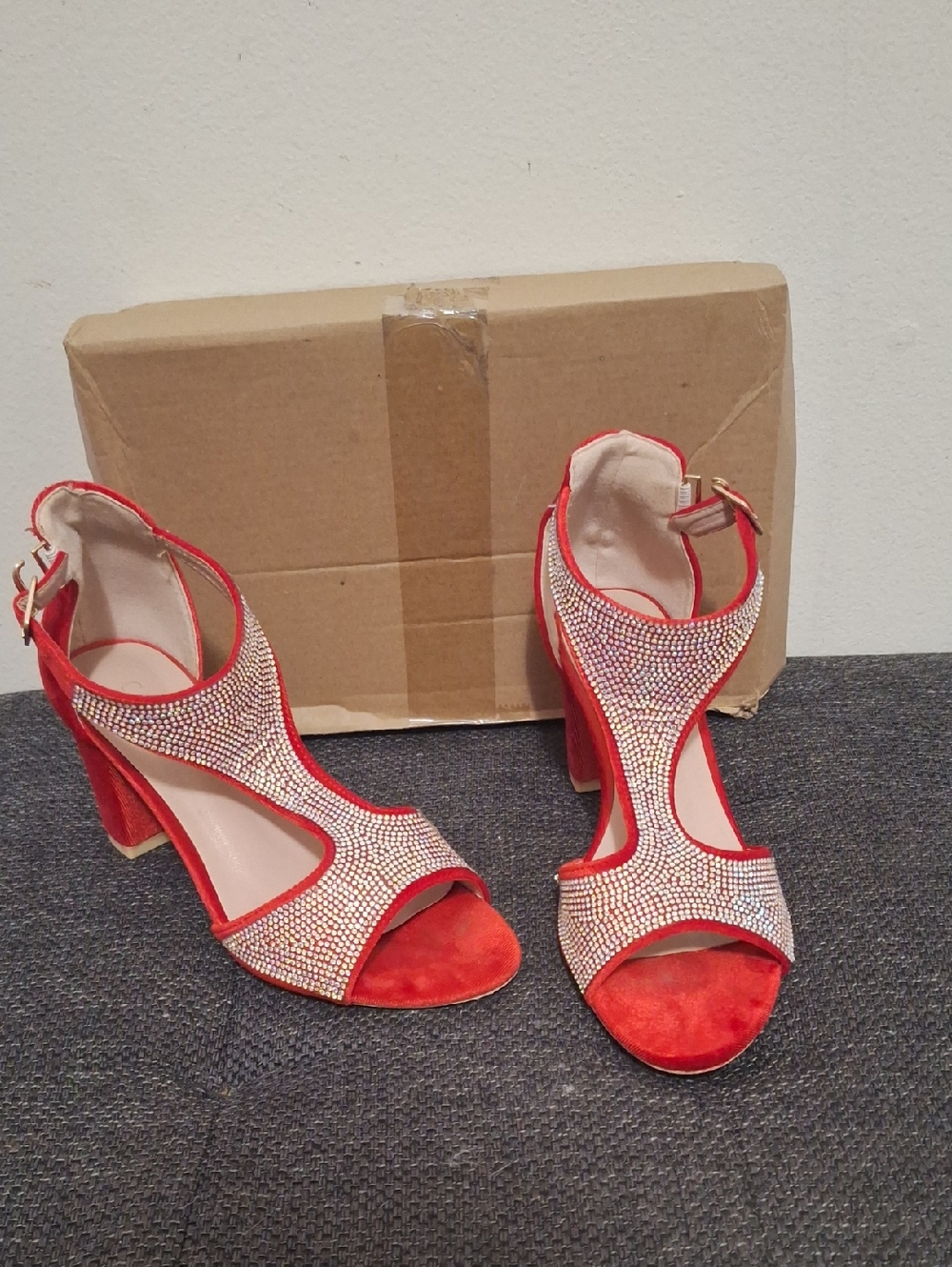 CAMSSOO Red Crystal-Embellished Block Heel Sandals - Women's Dress Heels